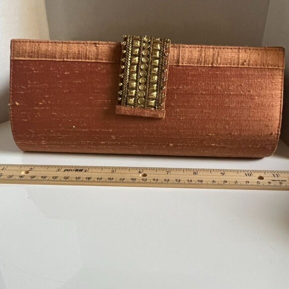 Fabindia Bronze Silk Evening Clutch With Embellished Clasp Exotic Elegant - Picture 7 of 8